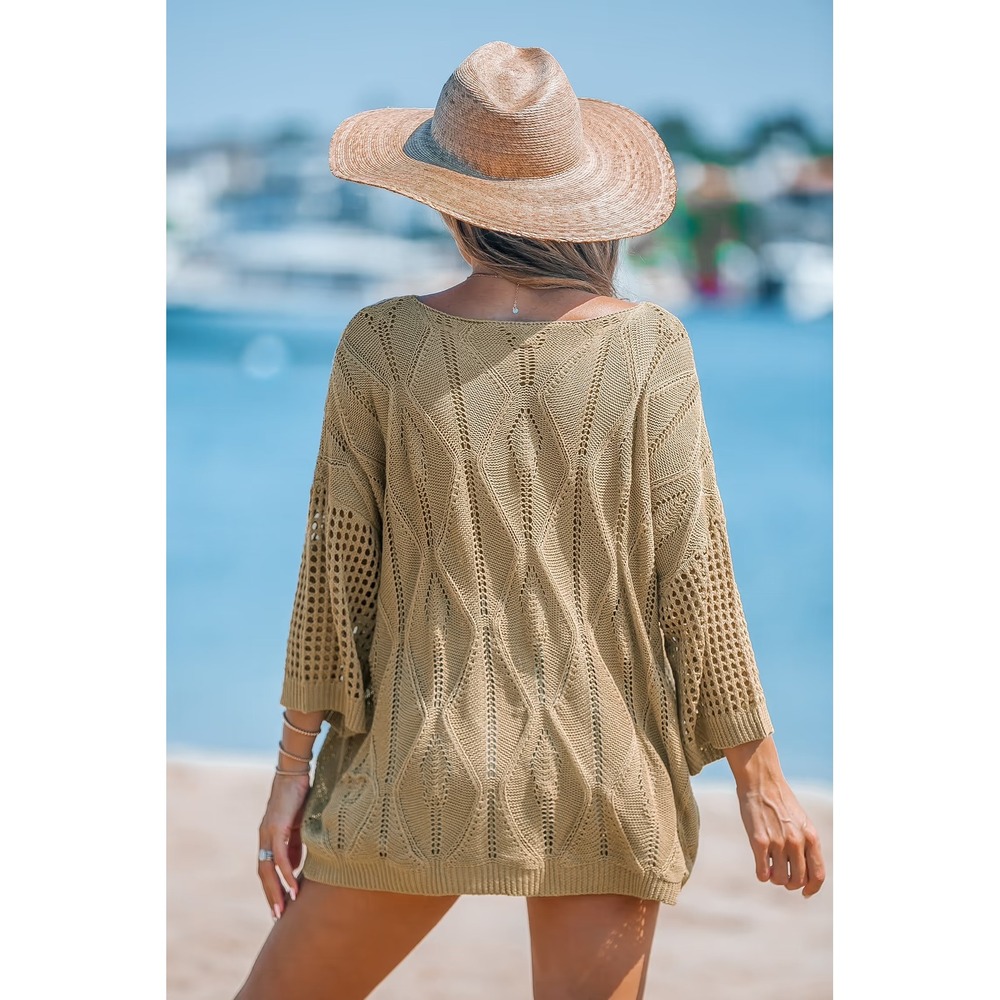 Cupshe Tan Crochet Knit Beach Cover Up Sweater Diamond Pointelle Small NEW - Picture 2 of 7
